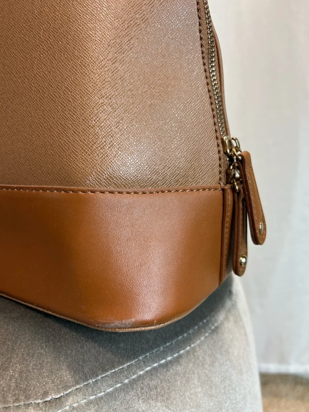 JustFab Camel brown faux leather satchel handbag tote dome shape gold-tone